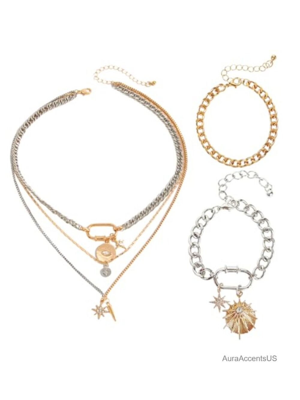 Mixed Metal Necklace & Bracelet Set Two Tone Gold Silver Layered